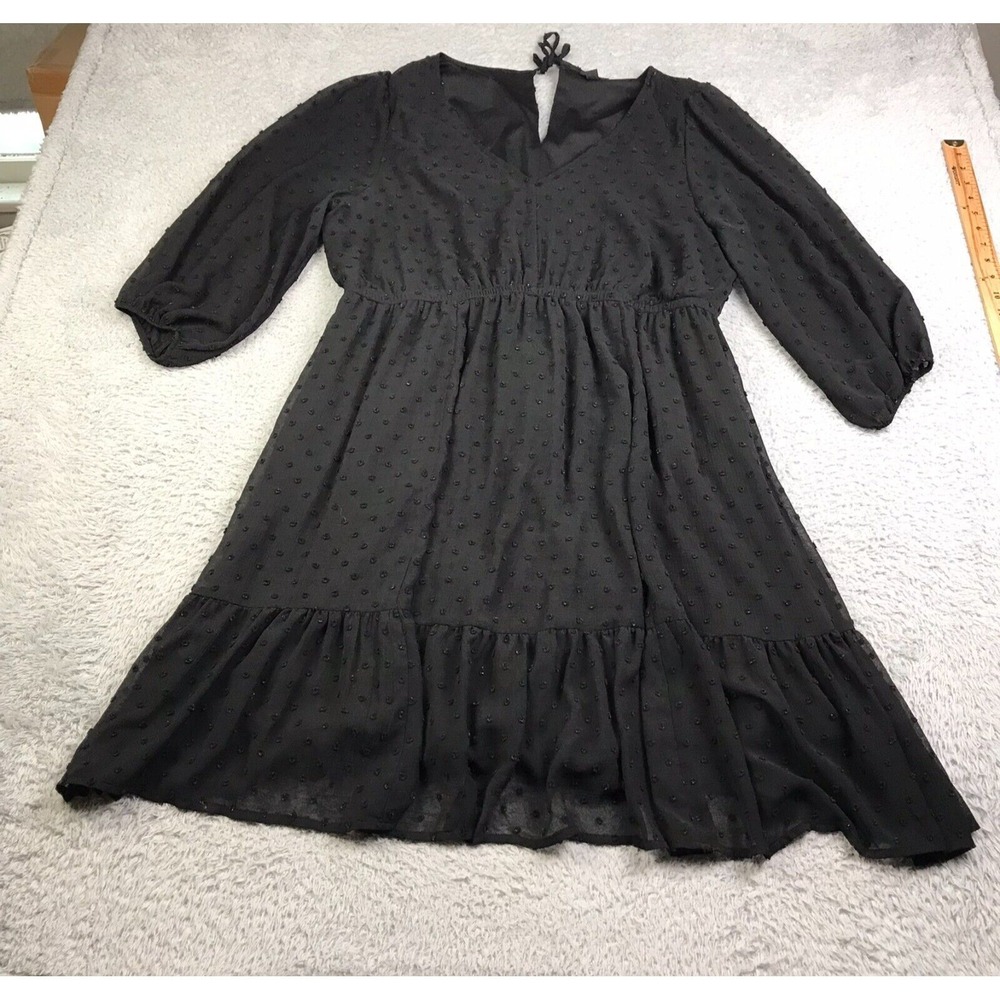Torrid Mini Clip Dot Babydoll Dress Womens 1X Black V Neck Mesh Long Sleeve‎